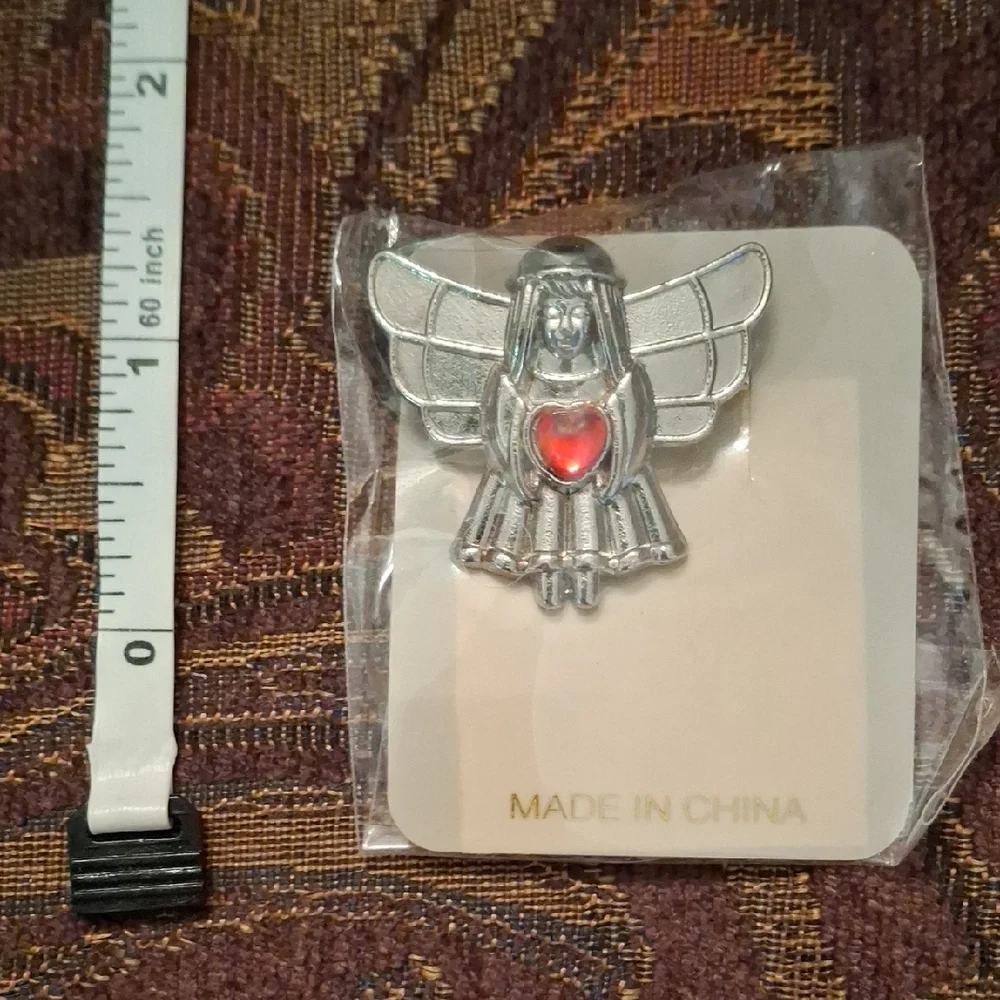 Silver Angel Brooch with Red Heart